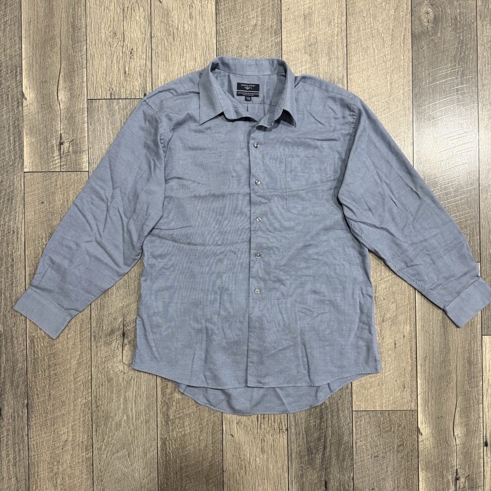 VTG Dockers Blue Woven Button Up Shirt w/ Pocket Sz L 16-16.5 32/33 Hong Kong